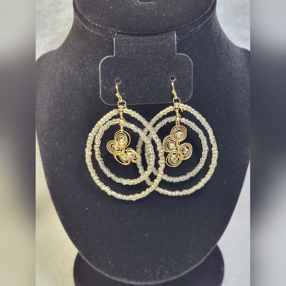 Seed Bead Double Hoops with Wire Accent Dangle Statement Earrings / Pierced - Picture 7 of 9